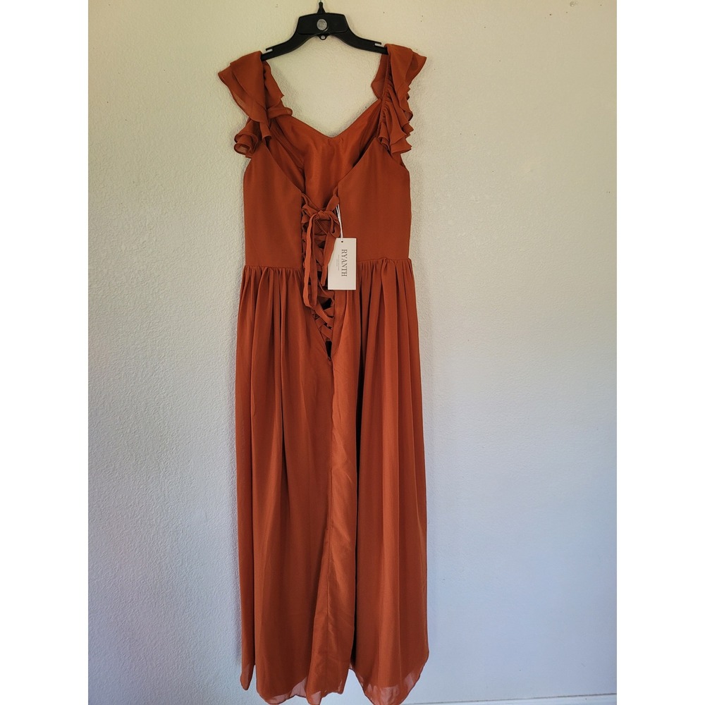 RYANTH Burnt Orange Chiffon Maxi Dress Ruffle Lace Up Back Formal Gown 14 #24